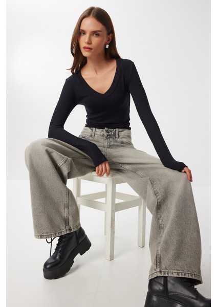 V Yaka Saran Basic Modal Bluz LMW0029 Siyah