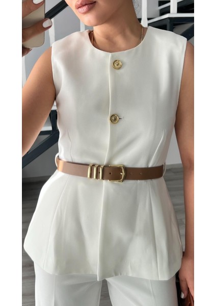 Beyaz Kemerli Gold Düğme Duble Crep Yelek indirimleri