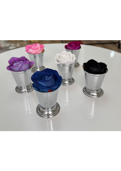 Gümüş Kaplama Gül Kovası 6 Adet Renkli Güller Dahildir Kahve Yanı