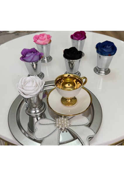 Gümüş Kaplama Gül Kovası 6 Adet Renkli Güller Dahildir Kahve Yanı fiyatları