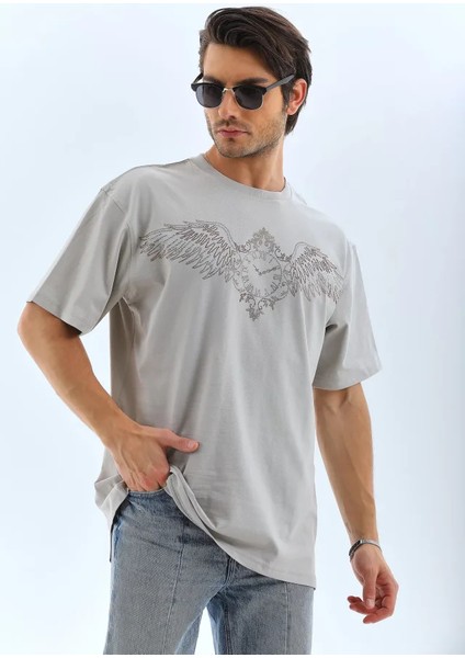 Unisex Oversize Taşlı Bisiklet Yaka T-Shirt - Gri fırsatları