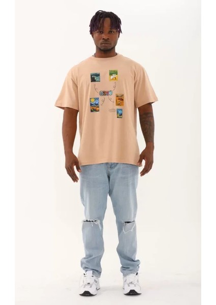 Unisex Oversize Baskılı Bisiklet Yaka T-Shirt - Bej fırsatları