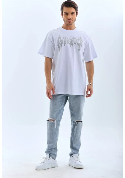 Unisex Oversize Taşlı Bisiklet Yaka T-Shirt - Beyaz