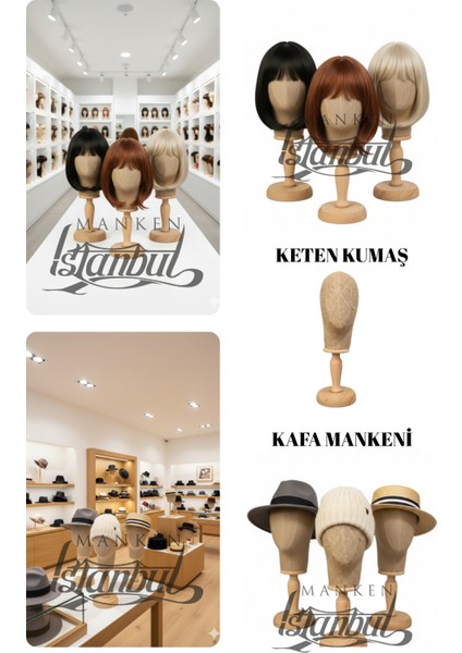 Bayan ahşap standlı kumaş kaplı kafa mankeni