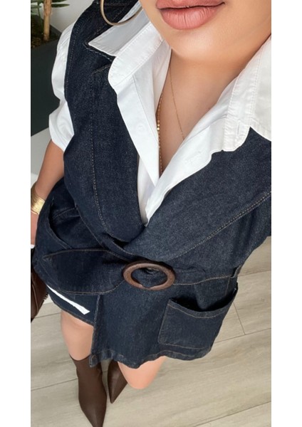 Lacivert Marka Model Kemerli Denim Yelek fiyatları