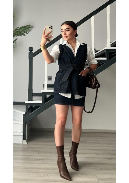 Lacivert Marka Model Kemerli Denim Yelek fırsatları