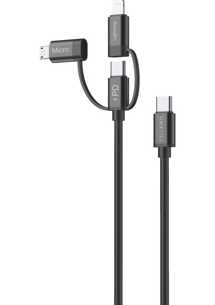 3'ü 1 Arada Power Delivery Şarj Kablosu - Siyah