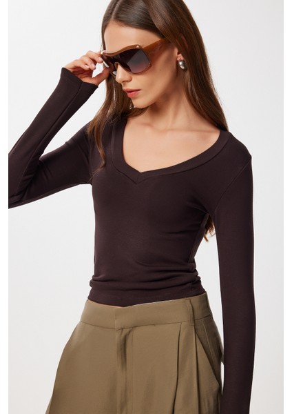 V Yaka Saran Basic Modal Bluz LMW0029 Kahverengi