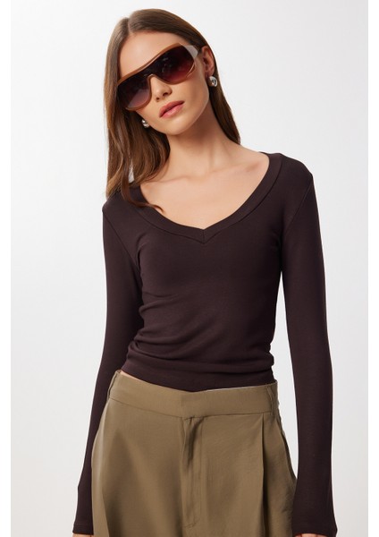 V Yaka Saran Basic Modal Bluz LMW0029 Kahverengi fiyatları