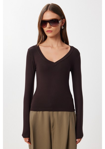 V Yaka Saran Basic Modal Bluz LMW0029 Kahverengi modelleri