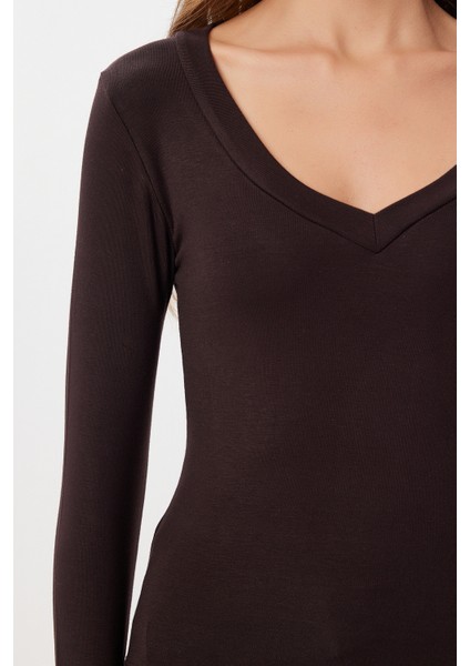 V Yaka Saran Basic Modal Bluz LMW0029 Kahverengi fırsatları