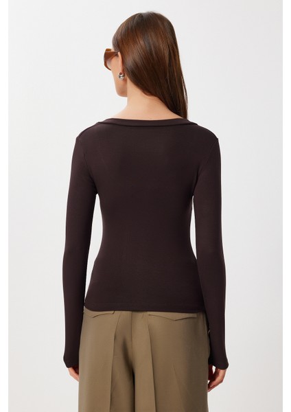V Yaka Saran Basic Modal Bluz LMW0029 Kahverengi indirimleri