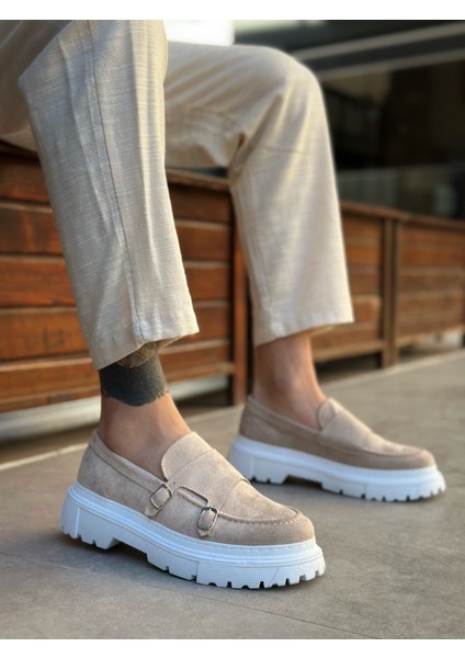 ET0242 Tokalı Klasik Yüksek Taban Krem Süet Erkek Ayakkabı