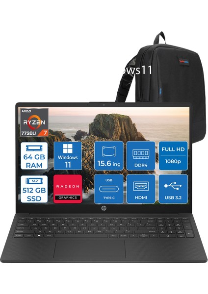 15-FC0059NT Amd Ryzen 7 7730U 64GB 512GB SSD Amd Radeon Grafik Windows 11 Home 15.6" FHD(1920 x 1080) IPS Taşınabilir Bilgisayar 8M1T1EAH32 + Zetta Çanta