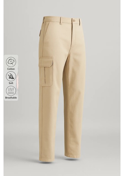 Erkek Yüksek Bel Kargo Cepli Krem Baggy Pantolon