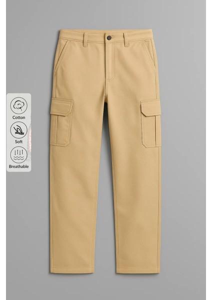 Erkek Yüksek Bel Kargo Cepli Krem Baggy Pantolon