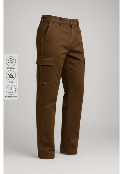 Erkek Yüksek Bel Kargo Cep Kahve Baggy Pantolon