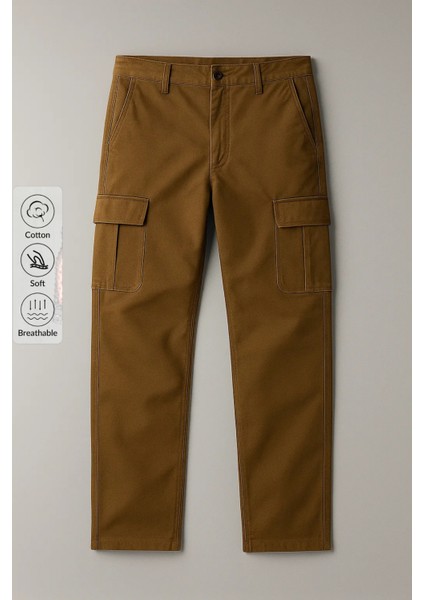 Erkek Yüksek Bel Kargo Cep Kahve Baggy Pantolon