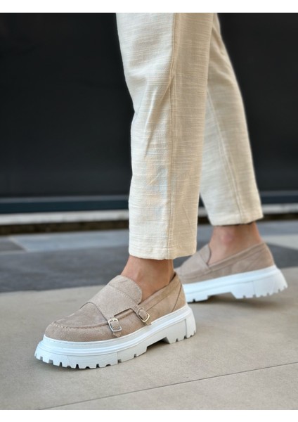 ET0242 Tokalı Klasik Yüksek Taban Krem Süet Erkek Ayakkabı