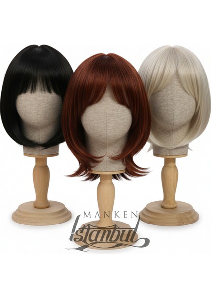 Kumaş Kaplı Ahşap Standlı Polyester Kafa Mankeni Aksesuar Mankeni Şapka Mankeni Peruk Mankeni