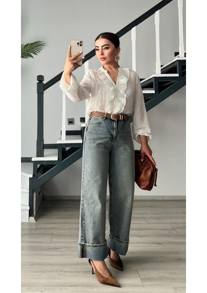 Beyaz Transparan Kendinden Dokulu Fırfırlı Gömlek indirimleri