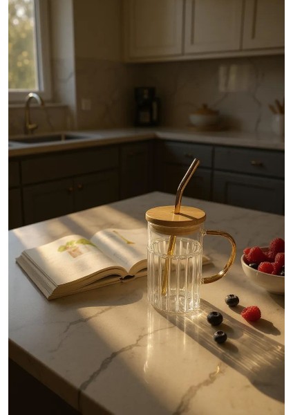 Bambu Kapaklı Cam Pipetli Kupa - 420ML- Siyah