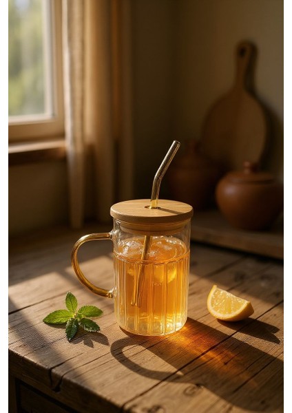 Bambu Kapaklı Cam Pipetli Kupa - 420ML- Siyah fiyatları