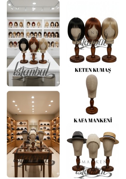 Kumaş Kaplı Ahşap Standlı Polyester Kafa Mankeni Aksesuar Mankeni Şapka Mankeni Peruk Mankeni