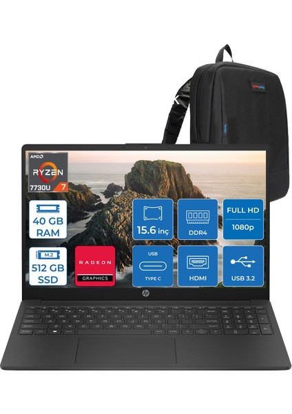 15-FC0059NT Amd Ryzen 7 7730U 40GB 512GB SSD Amd Radeon Grafik Freedos 15.6" FHD(1920 x 1080) IPS Taşınabilir Bilgisayar 8M1T1EAF22 + Zetta Çanta