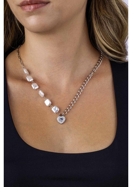 Beyaz Altın Kaplama Kalp Model Zincir Model Kadın Çelik Kolye