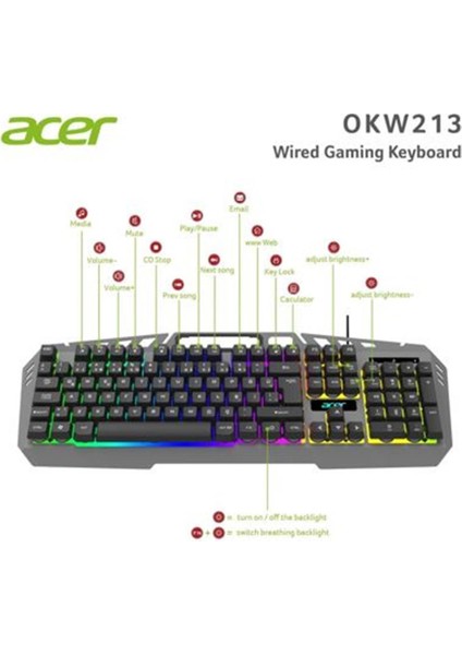 OKW213 Gri Rgb Rainbow Backlit Gaming Keyboard Rainbow (Kablo Uzunluğu 1,5mt)