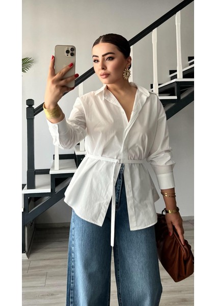 Beyaz Premium Kemerli Poplin Gömlek
