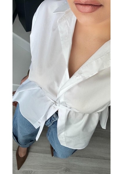Beyaz Premium Kemerli Poplin Gömlek modelleri