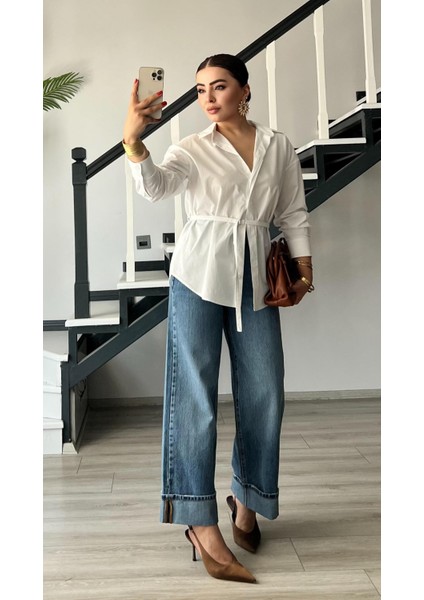 Beyaz Premium Kemerli Poplin Gömlek indirimleri