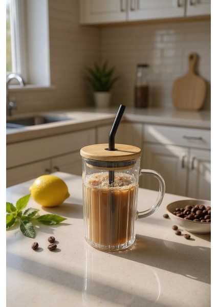 Bambu Kapaklı Cam Pipetli Kupa - 420ML- Siyah