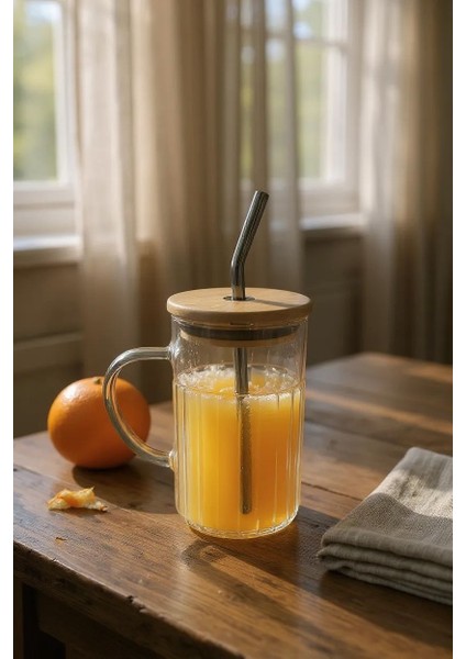 Bambu Kapaklı Cam Pipetli Kupa - 420ML- Siyah fiyatları