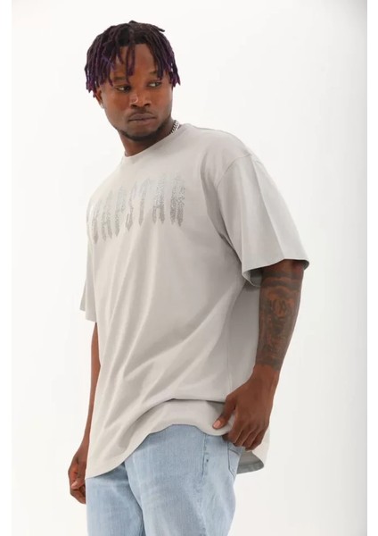 Unisex Oversize Taşlı Bisiklet Yaka T-Shirt - Gri modelleri