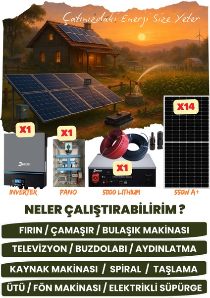 11 Kw Monofaze Güneş Paneli Sistemi (7,7 Kwp/5,12 Kwh Depolama) - 14P11K1L-D