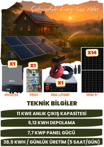 11 Kw Monofaze Güneş Paneli Sistemi (7,7 Kwp/5,12 Kwh Depolama) - 14P11K1L-D fiyatları