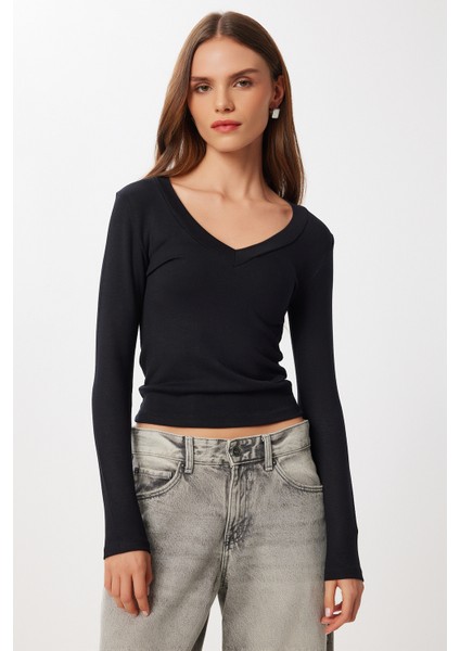 V Yaka Saran Basic Modal Bluz LMW0029 Siyah fiyatları