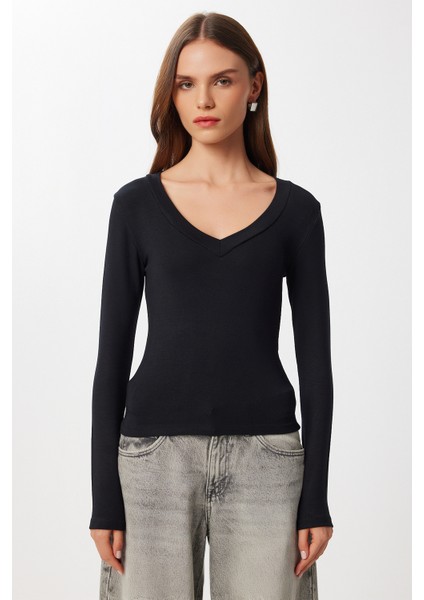 V Yaka Saran Basic Modal Bluz LMW0029 Siyah fırsatları