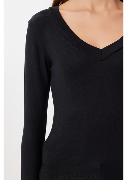 V Yaka Saran Basic Modal Bluz LMW0029 Siyah indirimleri