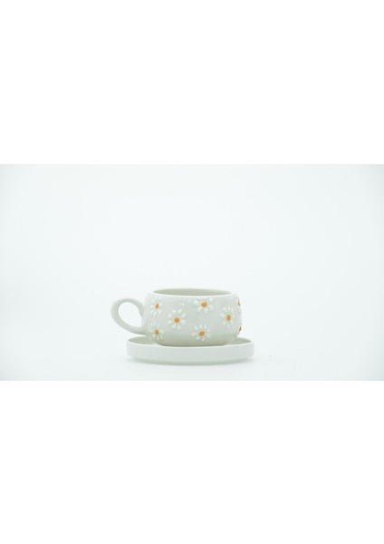 El Yapımı - 4 Parça 2 Kişilik Turuncu Papatya Işlemeli Tabaklı Kupa