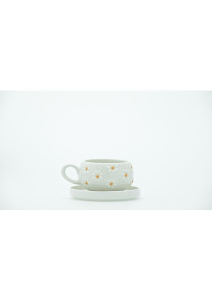 El Yapımı - 4 Parça 2 Kişilik Turuncu Papatya Işlemeli Tabaklı Kupa fiyatları