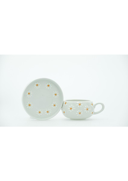 El Yapımı - 4 Parça 2 Kişilik Turuncu Papatya Işlemeli Tabaklı Kupa modelleri