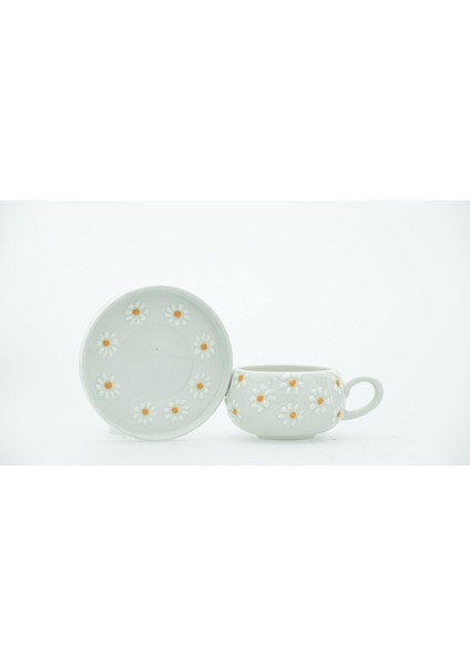 El Yapımı - 4 Parça 2 Kişilik Turuncu Papatya Işlemeli Tabaklı Kupa fırsatları