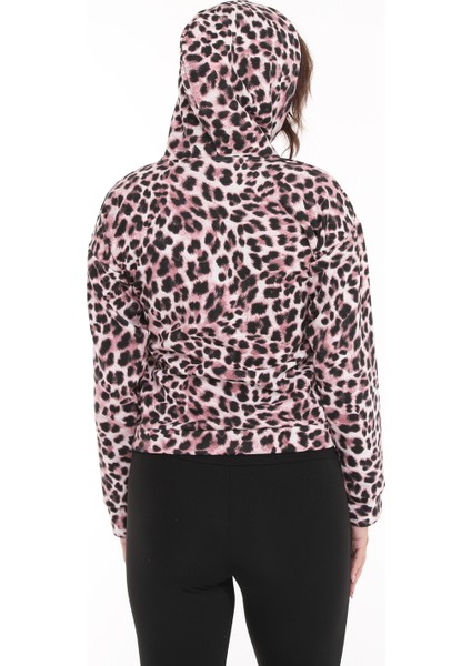 Kapüşonlu Fermuarlı Leopar Desen Üç Iplik Şardonlu Eşofman Üstü, Ceket