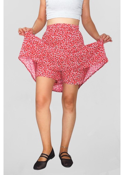 Viskon Kumaş Midi Boy Kadın Kırmızı Şort Etek