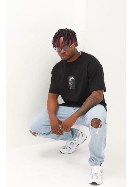 Unisex Oversize Baskılı Bisiklet Yaka T-Shirt - Siyah modelleri