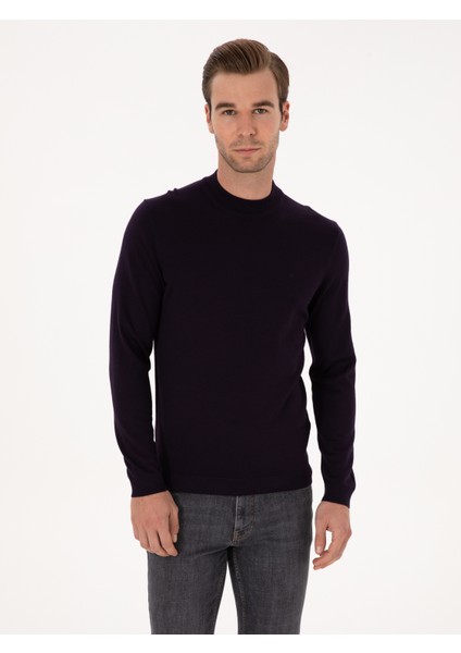 Erkek Mürdüm Slim Fit Yün Karışımlı Çeyrek Balıkçı Yaka Basic Triko Kazak 50315295-VR074